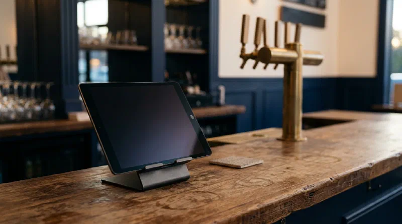 A tablet in a simple mount on a wooden bar counter, screen dark, tap handles softly out of focus behind it