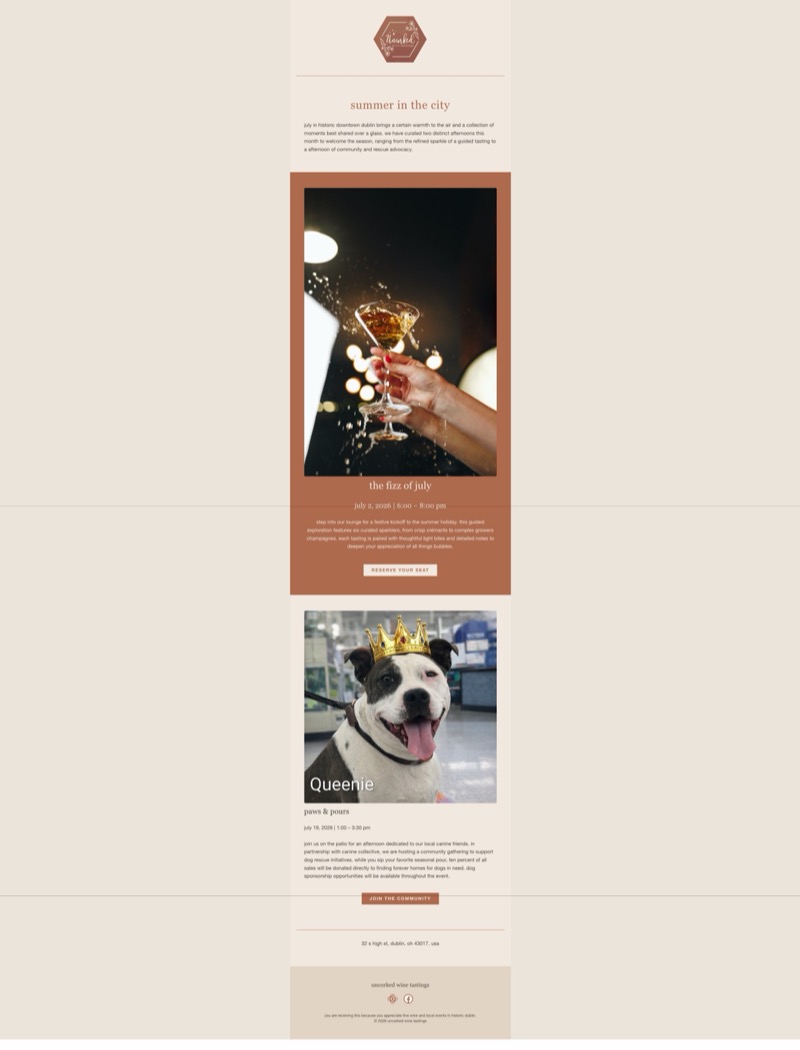 Uncorked Wine Tastings event email — summer in the city newsletter showing two upcoming events with clear dates and CTAs