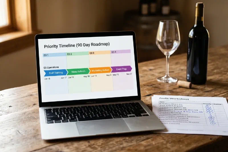 90-day digital roadmap review — laptop showing a priority timeline, printed audit worksheet on the table, subtle tasting room props in soft directional daylight