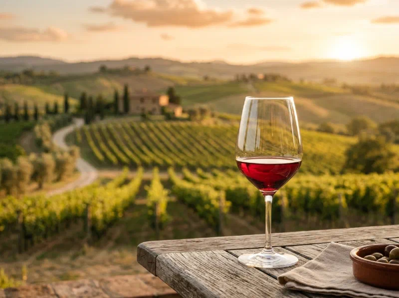 Wine glass in sharp focus foreground with a vineyard landscape and Mediterranean hillside softly blurred behind — golden-hour light, terroir storytelling