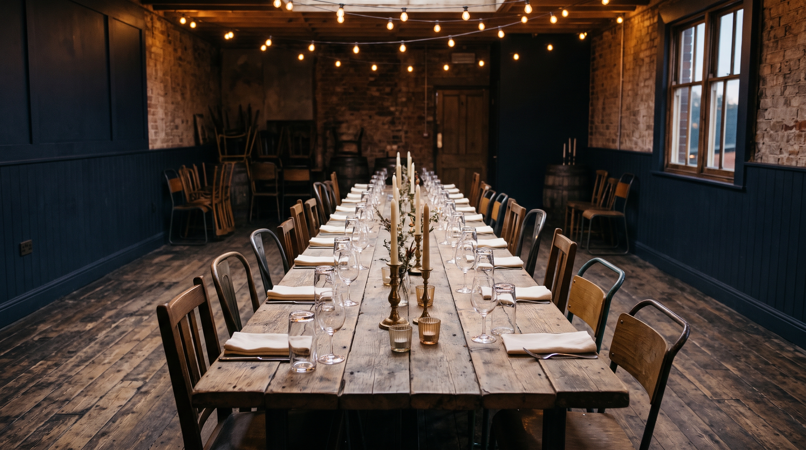 A long wooden table set with glassware and candles in a taproom back room