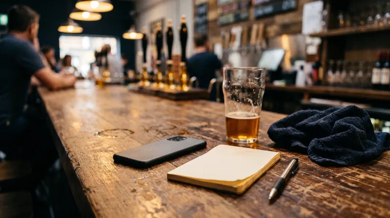 A smartphone face down on a wooden bar beside a blank notepad, pen, pint glass and bar towel, with patrons blurred in the background