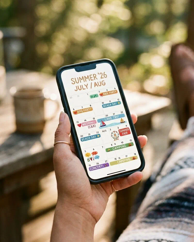 A busy summer calendar app on a smartphone screen showing events like a lake trip, wedding, and county fair, held in a hand