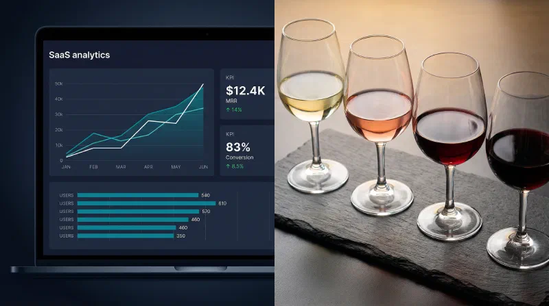 Analytics dashboard on a laptop alongside wine glasses — the intersection of digital operations and hospitality
