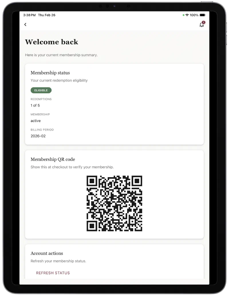 Member mobile app on iPad showing membership status and QR code