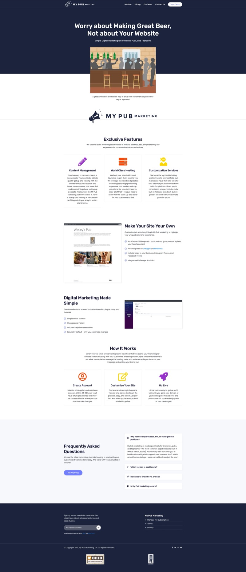 The original My Pub Marketing website in 2021, showing the brewery-focused platform with features like content management, hosting, and customization services