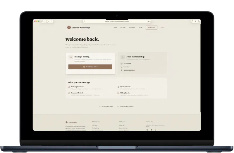 Member web portal showing billing management and membership status