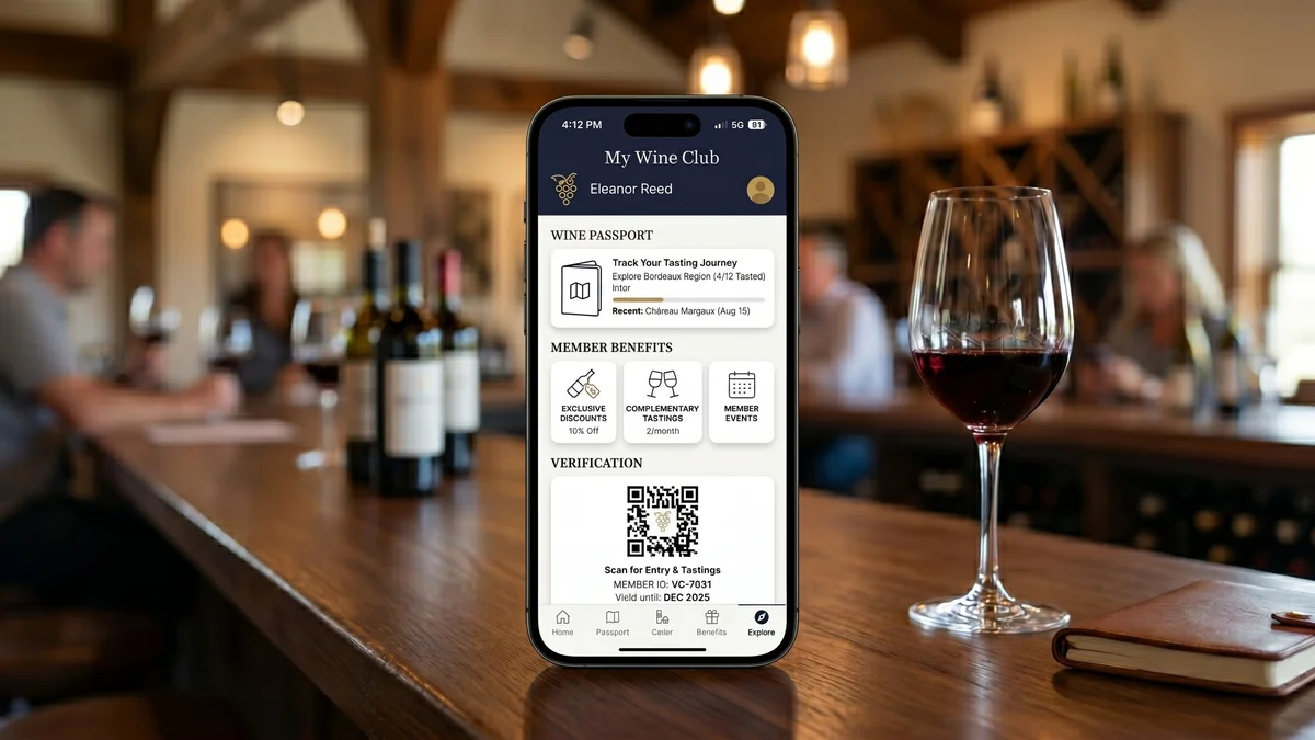 Wine club mobile app showing wine passport tasting tracker, member benefits, complementary tastings counter, and QR code verification on a smartphone at a tasting room bar