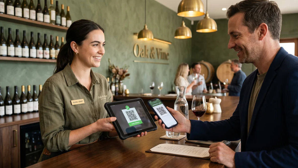 Tasting room staff member scanning a wine club member's QR code on a tablet for real-time membership verification at the counter