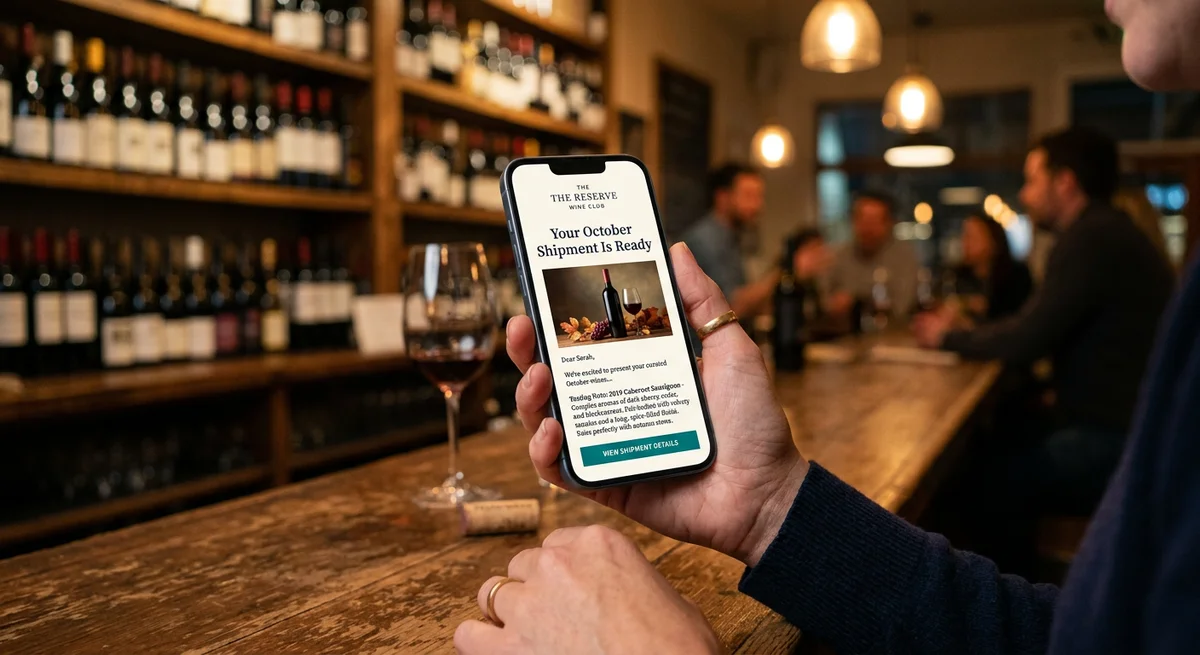 Hand holding a smartphone in a wine bar showing a beautifully designed wine club email with the subject 'Your October Shipment Is Ready'