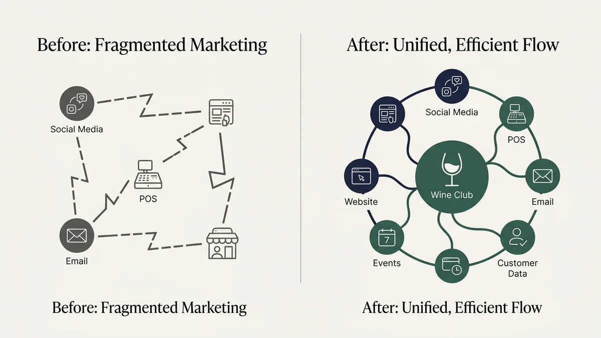 Side-by-side comparison showing fragmented winery marketing channels on the left versus a unified omni-channel flow with Wine Club at the center on the right