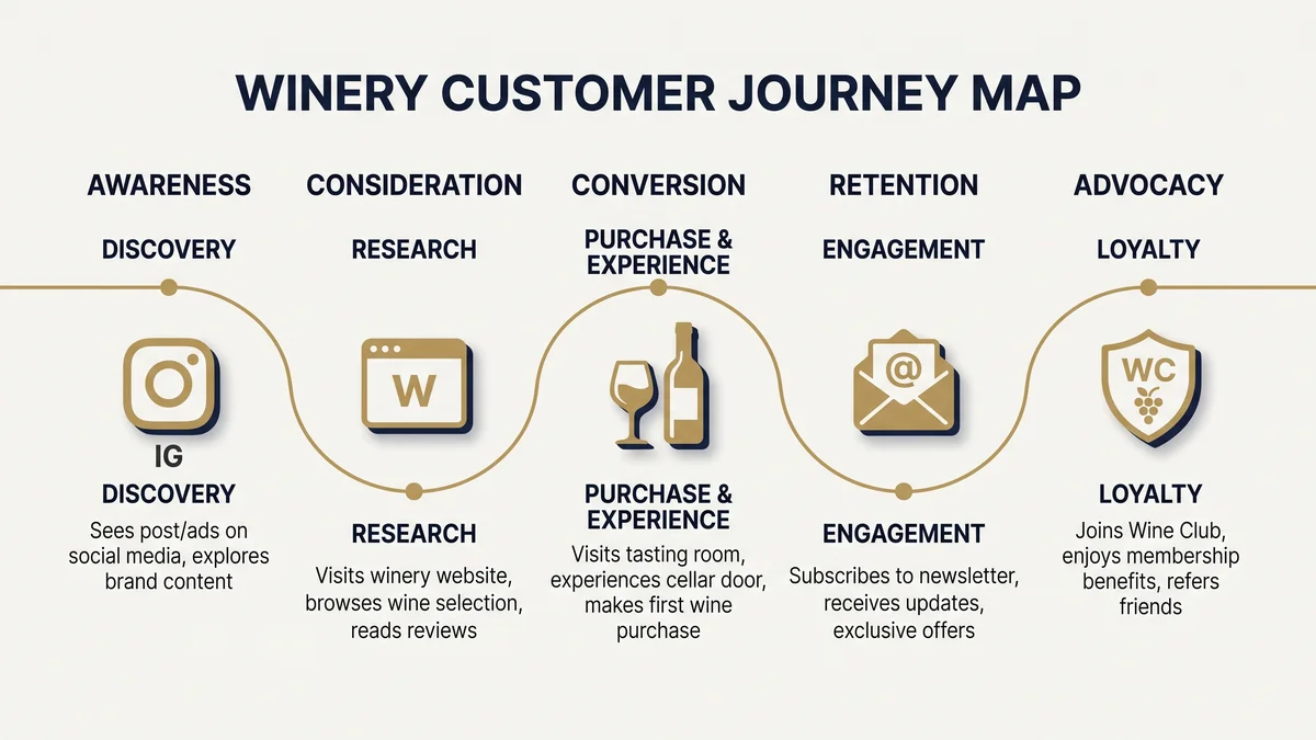 Winery guest journey map showing five stages from Instagram discovery through wine club loyalty and advocacy