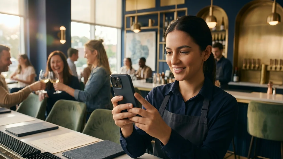 Tasting room staff member capturing content on a smartphone during Friday evening service at a wine bar, with guests enjoying wine in the background