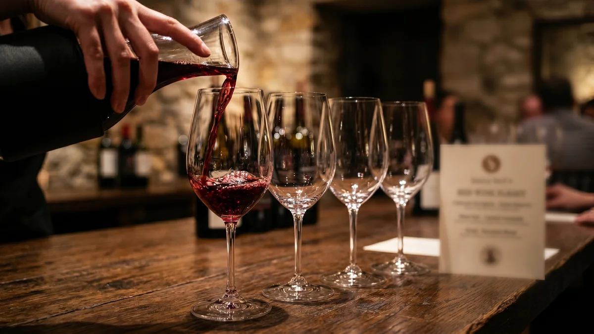 Red wine being poured into crystal glasses for a tasting flight in a warm, candlelit wine cellar tasting room