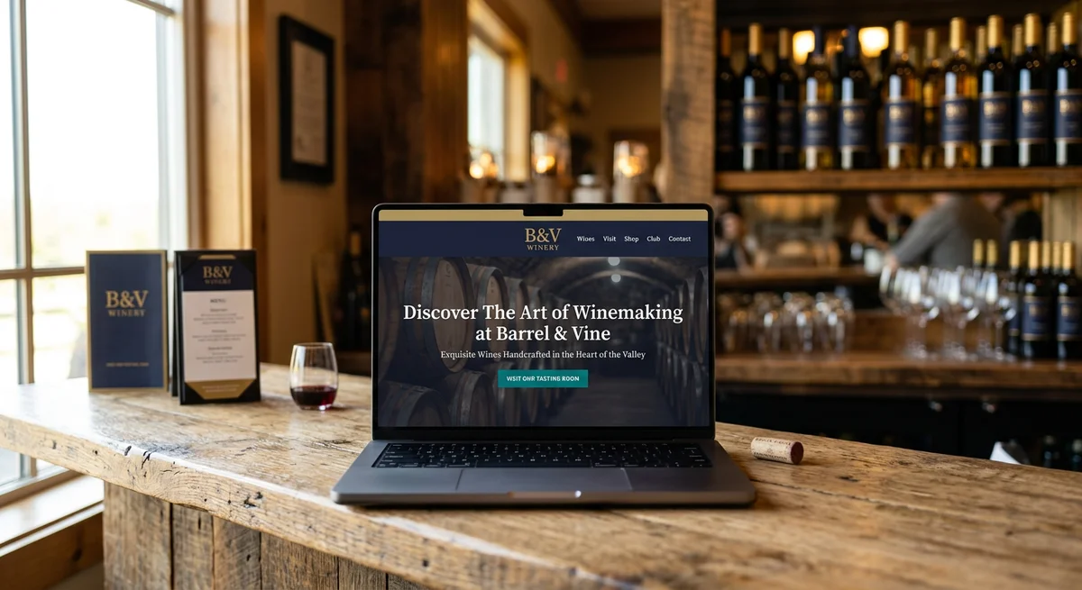MacBook Pro on a tasting room bar displaying a clean winery website homepage with Source Serif 4 heading and Deep Navy accents