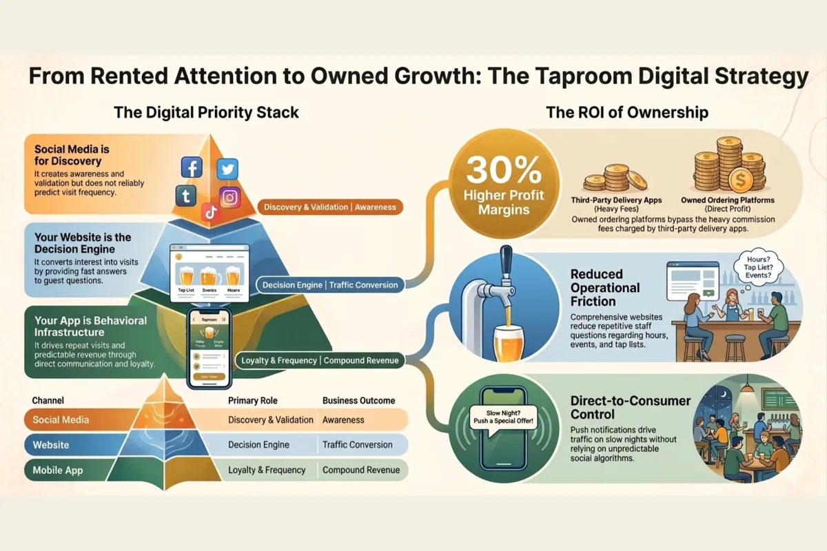 A visual framework showing social media for discovery, your website for conversion, and your app for repeat-visit retention