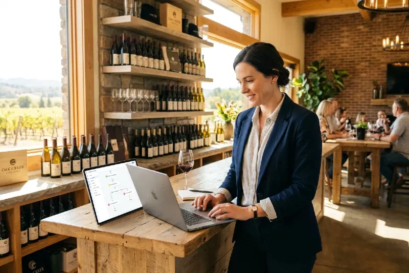 A winery operator reviewing a simple automated email flow on a laptop while standing in the tasting room