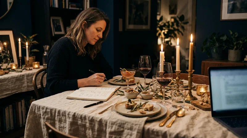 A host planning a dinner at a candlelit table