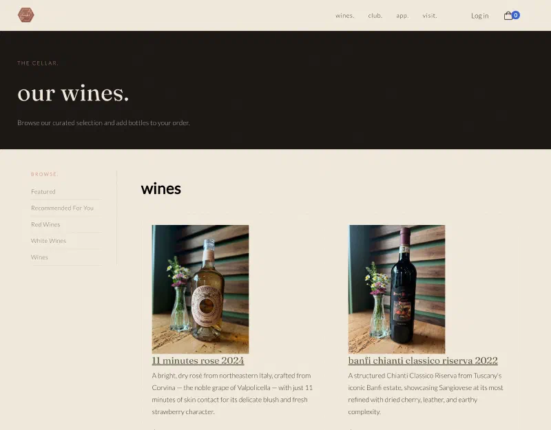 The Uncorked Wine Tastings online bottle shop on Commerce7 showing wines with descriptions and add to cart buttons